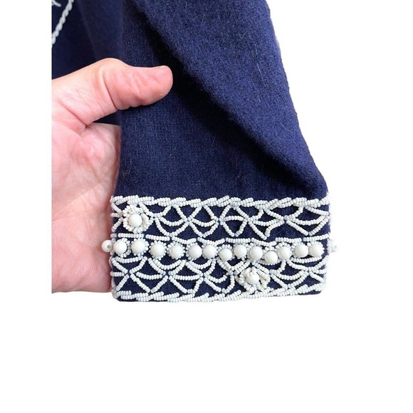 Vtg Elsie Tu Hong Kong 50s 60s Navy Blue Wool Beaded Cardigan Sweater Sz 38 - Picture 6 of 13